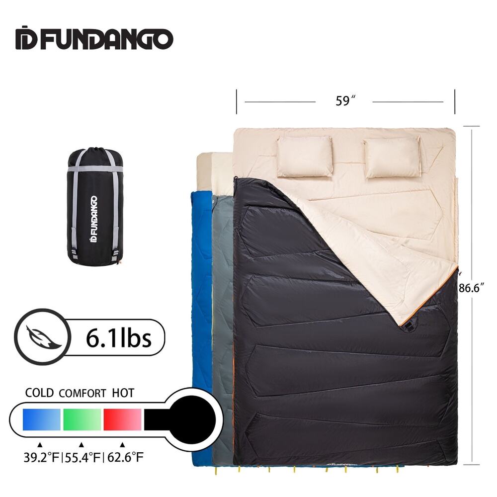 2-Person Waterproof Double Sleeping Bag with Two Pillows Black, Brand New